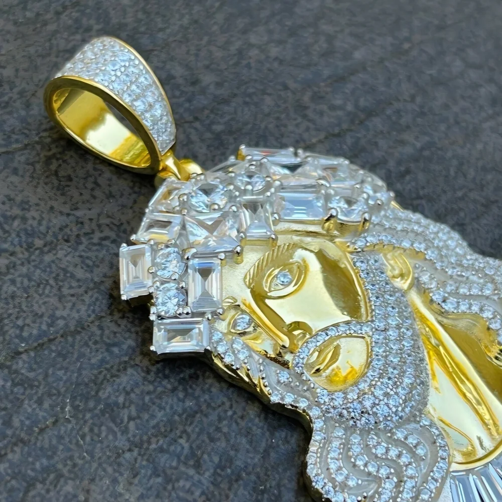 Iced Out Moissanite Jesus Peice Baguette Stones Pendant - 14k Gold Vermil/ 925 S